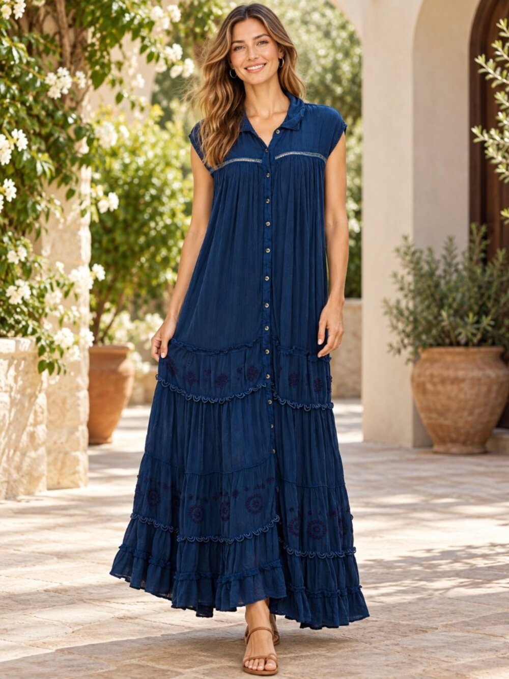 Free People Pretty Cozy Maxi Dress Buttondown Tiered Lace Embroidered S